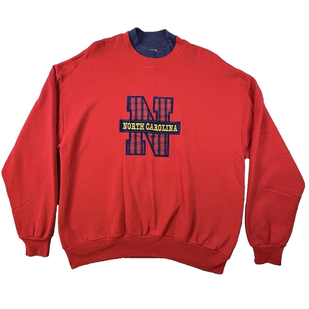 VTG Endless Designs Men's XL Red North Carolina 90's Plaid Crewneck USA SEE DESC